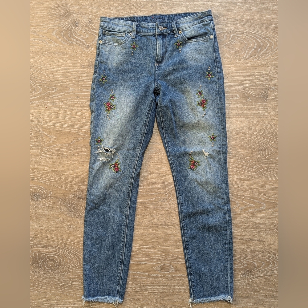 Lucky Brand Mid-Rise Ava Skinny Blue Crop Ankle Jeans Floral‎ Embroidery